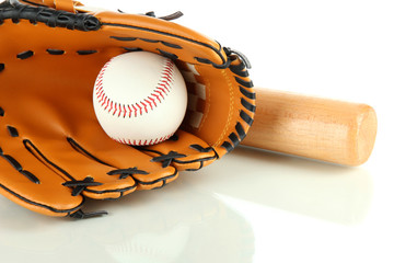 Baseball glove, bat and ball isolated on white