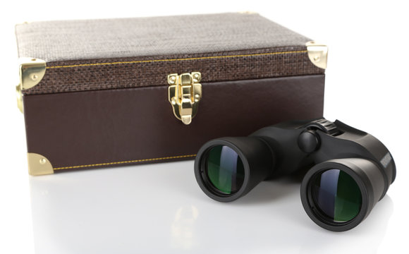 Black modern binoculars with suitcase isolated on white
