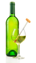 Bottle and glass of wine with thermometer, isolated on white