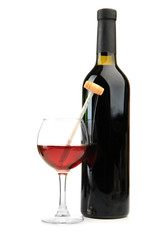Bottle and glass of wine with thermometer, isolated on white