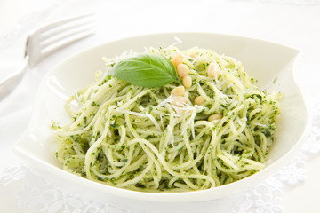 Spaghetti with pesto sauce.