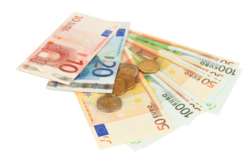 Obraz na płótnie Canvas Euro banknotes and euro cents isolated on white