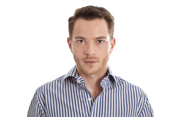 Fototapeta premium Gesicht junger Mann isoliert in blauem Hemd