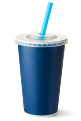 Dark blue cardboard cup with a straw