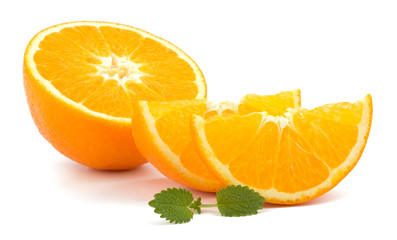 Cut orange fruit isolated on white background