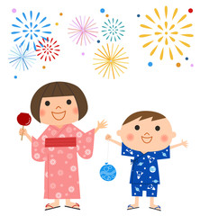 浴衣を着た子供達