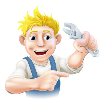 Cartoon plumber or mechanic pointing