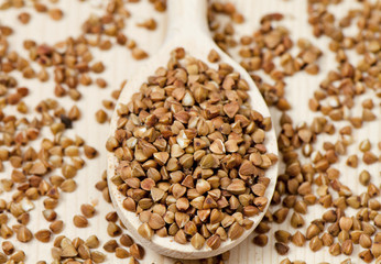 Buckwheat groats in wooden spoon, closeup