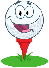 Happy Golf Ball Cartoon Mascot Character Over Tee