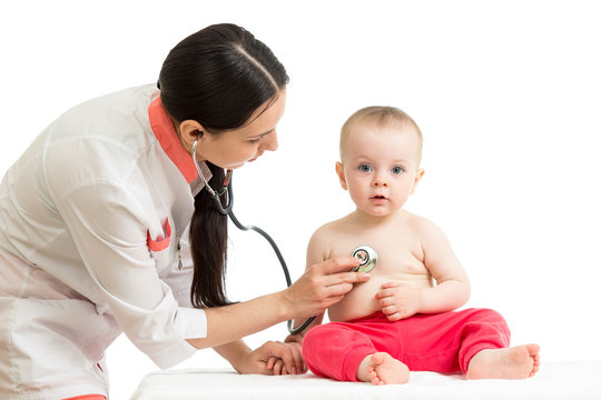 doctor examining baby isolated on white background