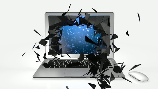explosion of a laptop screen in slow motion