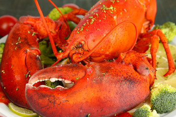 Red lobster on platter on table close-up