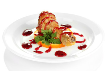 Small portion of food on big plate isolated on white