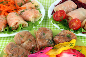 Stuffed cabbage rolls on table close-up