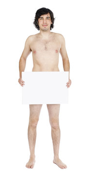 Isolated Caucasian Adult Nude Man Holding Sign