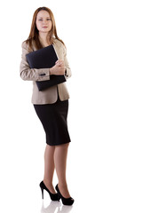 Businesslady full body with folder in hands isolated on white ba