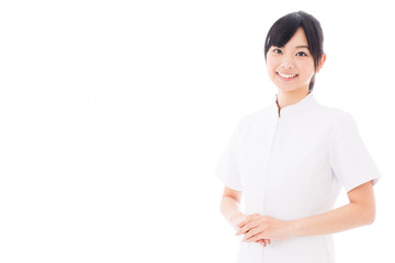 attractive asian nurse on white background