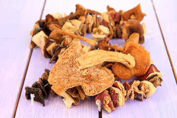 Dried mushrooms on wooden background