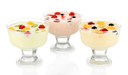 Delicious yogurt with fruit isolated on white