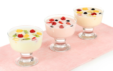 Delicious yogurt with fruit isolated on white