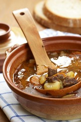 Bowl with goulash soup, bread and wooden ladle