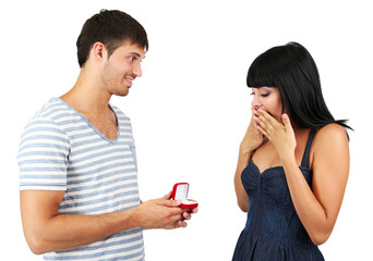 Man makes woman offer get engaged isolated on white