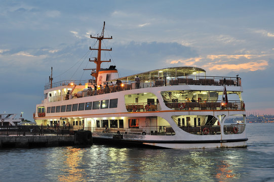 Classic ferryboat of Istanbul at the seaport  in evening