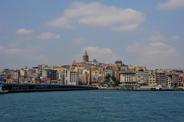 Fototapeta premium Galat Tower and ferryboat in Istanbul-Karakoy-Galata kulesi