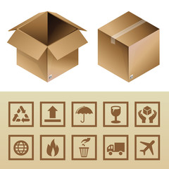 Vector cardboard delivery box and package icons