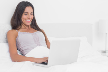 Obraz na płótnie Canvas Woman using her laptop in bed