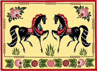 Russian ornament with two black horses in Gorodetsky style
