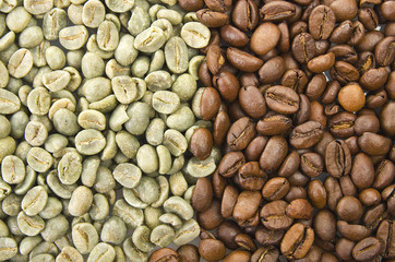 Coffee beans raw and toasted close up on the white