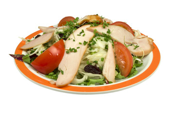 Smoked chicken Salad with grapes on a white background.