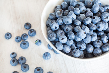 White bowl cup with fresh ripe blueberries