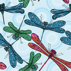 Naklejki  Bezszwowe ręcznie rysowane kolorowy wzór z ważkami