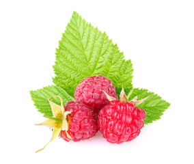 ripe raspberry with green leaf