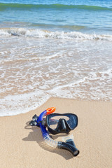 Fototapeta na wymiar Glasses, snorkeling at the beach. Near water.