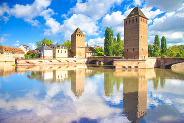 Strasbourg, tower of bridge Ponts Couverts. Alsace, France. - obrazy, fototapety, plakaty