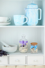 Still life with jar of lavender sugar, mortar and fresh