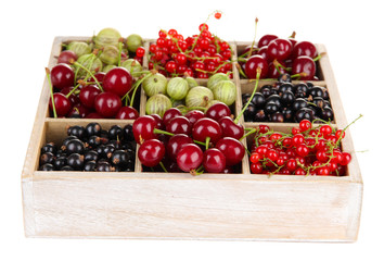 Different summer berries in wooden crate isolated on white