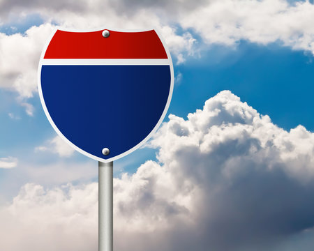 Empty road sign on blue cloudy sky background.