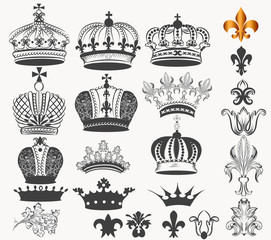 Collection of vector vintage royal crowns for design