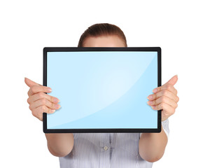 woman holding touch pad