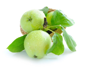 Fototapeta na wymiar Fresh green apples are in a little basket on a white background
