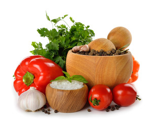 Mortar with spices and vegetables