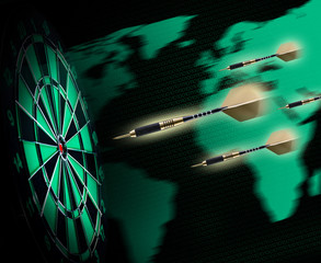 Shot of darts in bullseye on dartboard