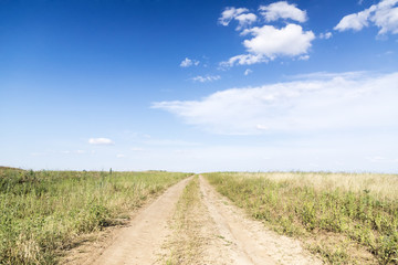 Fototapeta na wymiar Landscape of road with tractor`s track in green field