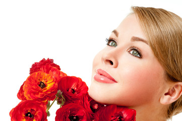 Fototapeta premium beautiful female face with red flowers