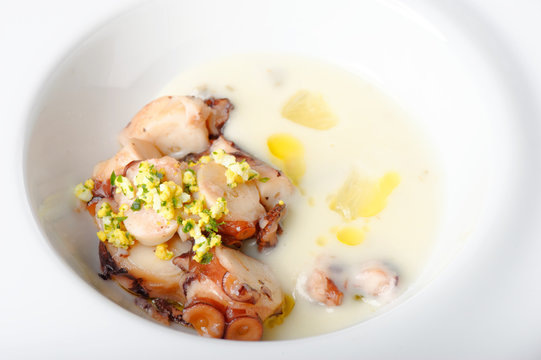 Fresh seafood soup with octopus and coconut milk
