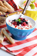 Cottage cheese in blue bowl